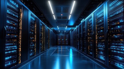 Modern server room with rows of black server racks illuminated by blue and orange LED lights, reflecting on the shiny floor under bright ceiling lights