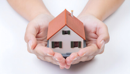 Protecting your dream home concept with caring hands, ideal for real estate, insurance and family safety campaigns with a bright, clean aesthetic