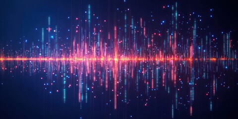 Digital sound wave visualization with vertical multicolored data streams and glowing particles on dark background