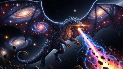 Cosmic Dragon Breathing Galactic Fire in a Universe Filled with Stars and Galaxies.