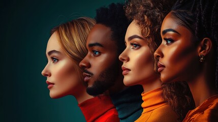 Profile view of four diverse young adults standing in a row looking forward with serious expressions, showcasing varied skin tones and hairstyles against a dark background