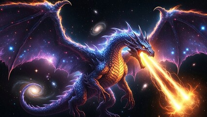 Cosmic Dragon Breathing Fire in a Starry Galaxy.