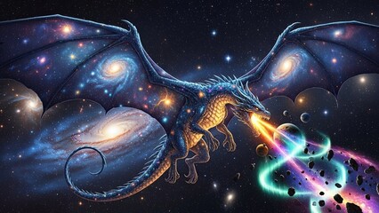 Cosmic Dragon Breathing Galaxies and Stars in a Celestial Universe.