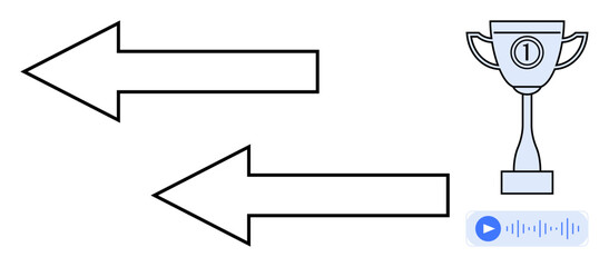 Achievement concept. Achievement ed by a trophy, directional arrows highlight choices, and audio play symbol adds modernity. Achievement for success, motivation, sports, education, career goals