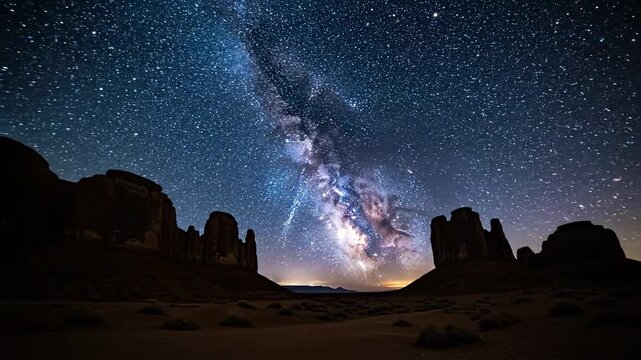 Spectacular Milky Way Galaxy Arching Over Dark Desert Landscape and Ancient Rock Formations at Night