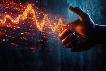 Hand reaching towards a glowing orange waveform of light particles against a dark textured wall, conveying connection and energy
