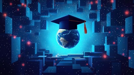 Earth floating in space wearing a graduation cap surrounded by abstract glowing blue blocks and particles, symbolizing global education and knowledge expansion
