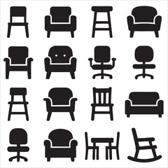 Set of 16 Furniture Silhouettes: Chairs, Sofas, Stools, and Seating Graphic Icons Collection