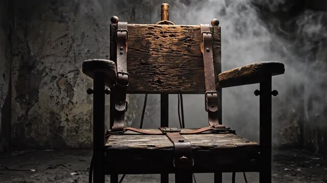 Dark ominous electric chair execution device with straps sits in a gritty prison room