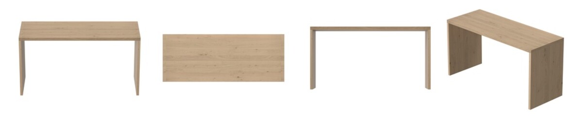 Modern wooden desk isolated on white background in multiple views