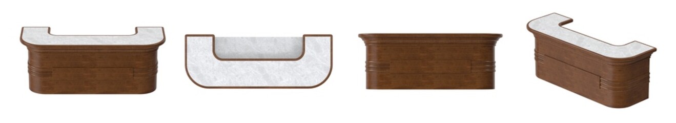 Brown wooden counter with white top in various perspectives