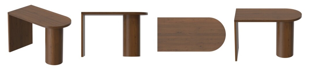 Modern wooden desk with a unique rounded design, isolated on white background