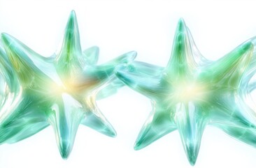 Close-up image of translucent green and blue spiky star-shaped abstract structures with glowing centers on a white background