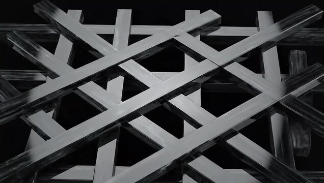 Abstract dark metallic geometric pattern of interlocking beams. Modern industrial lattice structure design background.