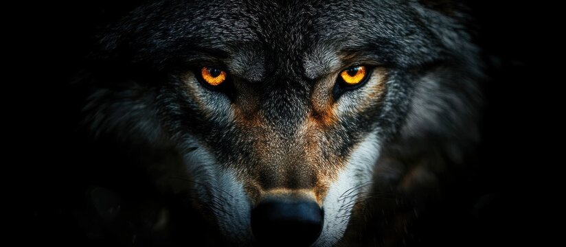 Close-up of a fierce wolf with glowing amber eyes staring intensely from darkness, showcasing detailed fur texture and an intense, mysterious emotion