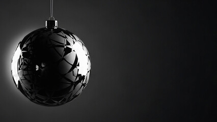 A dark christmas ornament with geometric pattern hanging against a dark gray background space for text