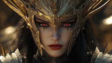 close-up of a fierce female warrior with glowing red eyes wearing an ornate gold and silver helmet and armor, intense and determined expression