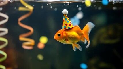 Goldfish Wearing Party Hat Celebrates Underwater With Streamers
