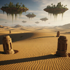 사막 한 가운데 세워진 미스테리 조각과 공중 부유섬들