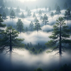 안개가 자욱히 드리운 숲 속 언덕의 모습