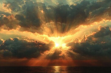 Dramatic sunset with bright sun rays piercing through dark clouds over a calm ocean reflecting golden light