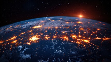 View of Earth from space during night showing illuminated cities, city lights glowing brightly, starry sky, and sunrise on the horizon
