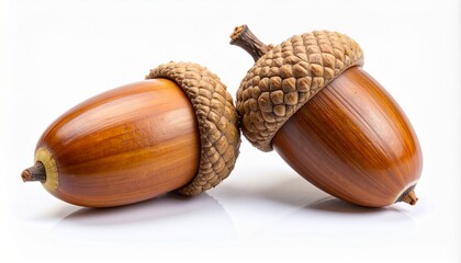 Two fresh brown acorns with caps on a white background, close-up studio shot. Perfect for autumn, nature, and seasonal designs.