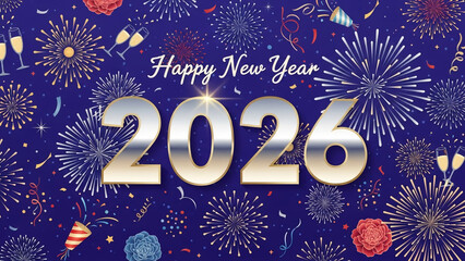 Festive Happy New Year 2026 design featuring fireworks and champagne glasses perfect for holiday greetings and event promotions