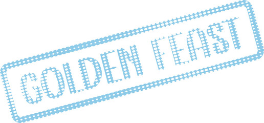 Vibrant light blue dotted rectangular stamp featuring the words Golden Feast for culinary events