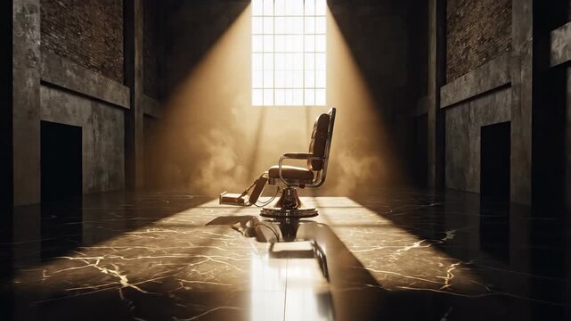 Electric chair awaits judgment in dark prison execution chamber under dramatic golden light