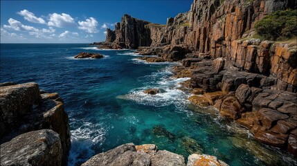 Obraz premium Coastal Cliffs and Turquoise Water Under Blue Sky