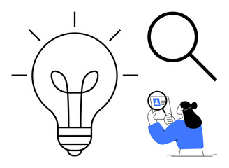 Research concept. Lightbulb innovative ideas, magnifying glass showing analysis and discovery, and a figure examining data. Research, education, innovation, data analysis, science