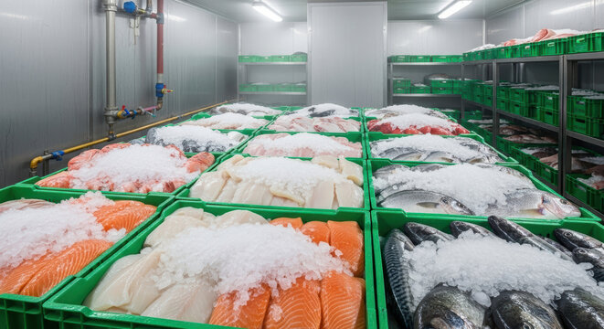 Cold storage room filled with green crates of fresh salmon fillets and whole fish covered with crushed ice in industrial seafood processing facility for safe chilled preservation