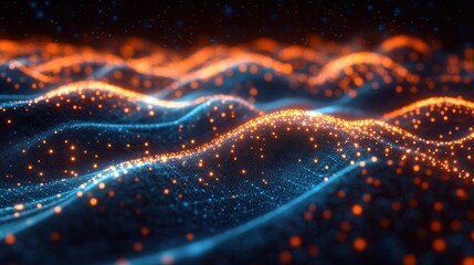 Abstract digital landscape featuring glowing orange dots forming waves over a dark blue textured surface, evoking a futuristic and dynamic atmosphere