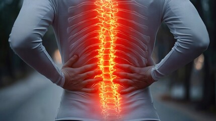 Person holding lower back in pain with glowing illustration of spine showing discomfort and highlighting spinal nerves in a blurred outdoor setting