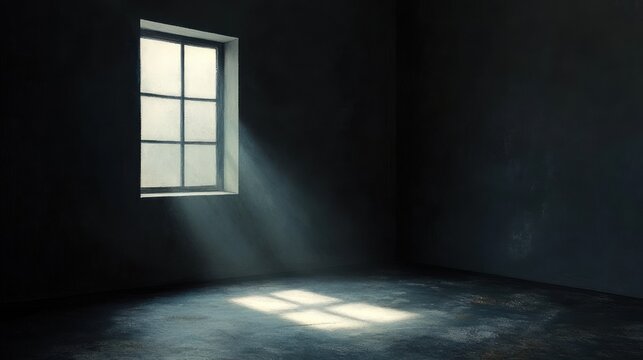 Empty dark room with a single window casting light beams and square shadows on the floor creating a somber and quiet atmosphere