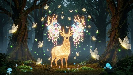 Enchanted Forest Scene with Luminous Deer and Glowing Butterflies.