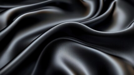 Fototapeta premium Smooth, shiny black satin fabric with soft, flowing folds creating a luxurious and elegant texture under gentle light
