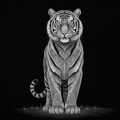 Obraz premium A powerful tiger portrait illustrated with elaborate ornamental patterns woven into its fur.