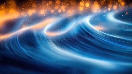 Abstract flowing blue waves with bright orange bokeh lights creating a dynamic and energetic visual impression