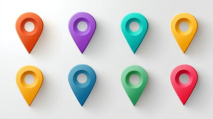 Set of modern map pin icons and location markers, flat vector illustration of gps pins and navigation symbols on a clean white background for digital maps and mobile app design