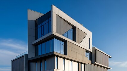 Modern architecture featuring a building with geometric design against a clear blue sky backdrop