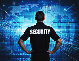 Man stands with back facing a digital world map and data streams in a security uniform at night