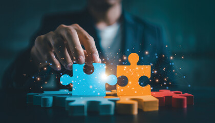 Close look at hands placing colorful puzzle pieces during evening hours in a bright room showcasing creativity and focus