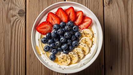 A top view of a bowl with yogurt topped with strawberries blueberries and bananas on a wood table