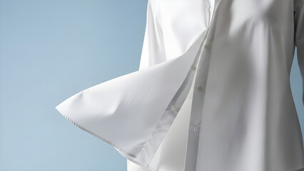 A person wearing a crisp white button-down shirt with the fabric flowing, showcasing textile softness and quality for minimalist fashion or laundry concepts.