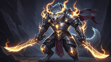 Fierce Werewolf Warrior with Flaming Swords and Armor in a Dark Fantasy Setting.