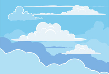Illustration of a blue sky with white clouds in a flat style. Blue sky background and white clouds. Cartoon sky