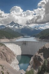 Obraz premium Massive concrete dam spanning a deep river valley surrounded by rocky cliffs and forested mountains under a partly cloudy blue sky