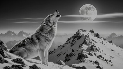 Naklejka premium Black and White Wolf Howling Under Moonlight